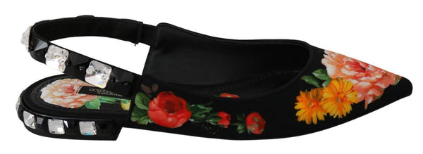 Dolce &amp; Gabbana Black Floral Crystal Slingbacks Flats -kengät