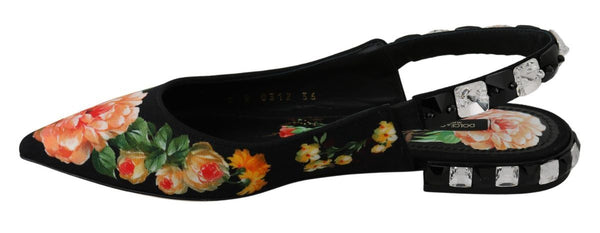 Dolce &amp; Gabbana Black Floral Crystal Slingbacks Flats -kengät
