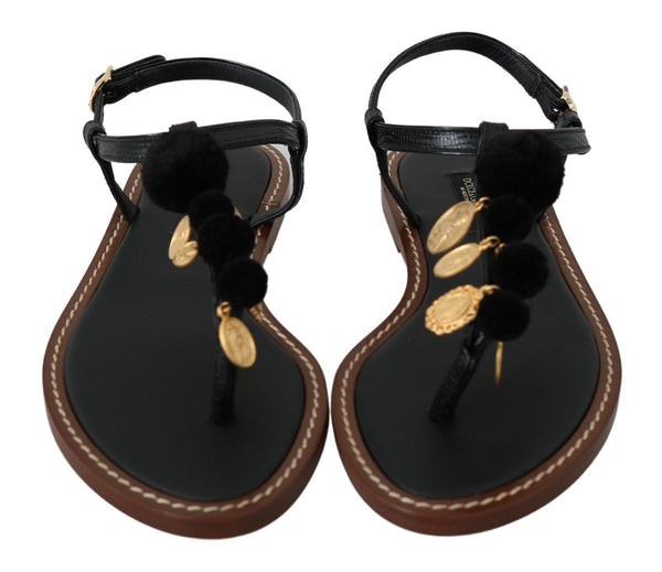 Dolce &amp; Gabbana Black Leather Coins Varvastossut Sandaalit Kengät