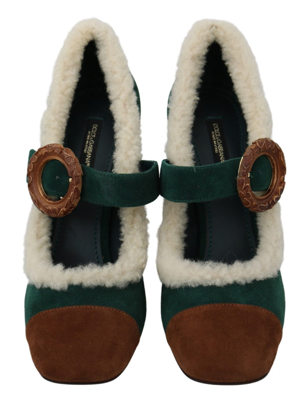 Dolce & Gabbana Chic Green Suede Mary Janes with Shearling Trim