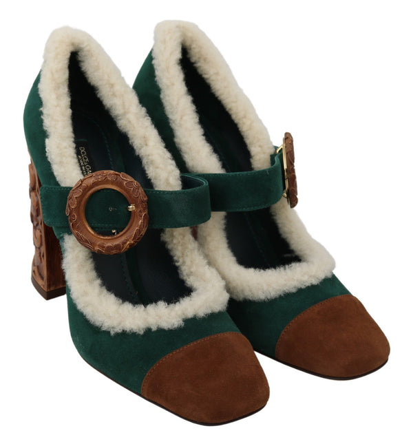 Dolce & Gabbana Chic Green Suede Mary Janes with Shearling Trim