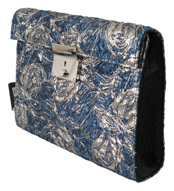 Dolce &amp; Gabbana Sininen hopea jacquard-nahkainen asiakirjasalkkulaukku