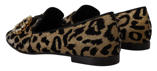 Dolce &amp; Gabbana Gold Leopard Print Crystals Loafers -kengät