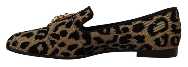 Dolce &amp; Gabbana Gold Leopard Print Crystals Loafers -kengät