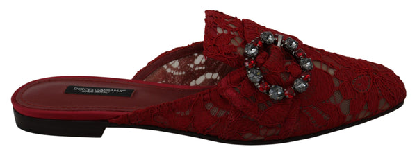 Dolce &amp; Gabbana Red Lace Crystal Slide On Flats -kengät