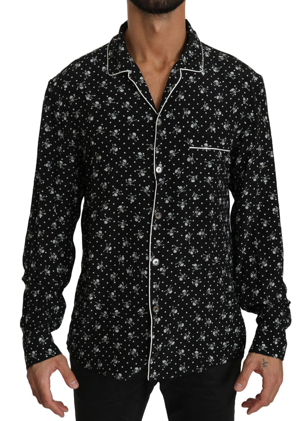 Dolce &amp; Gabbana Black Skull Print Silk Sleepwear paita