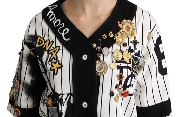 Dolce &amp; Gabbana Valkoinen ja musta pusero Puuvilla Crystal Charms Amore Shirt