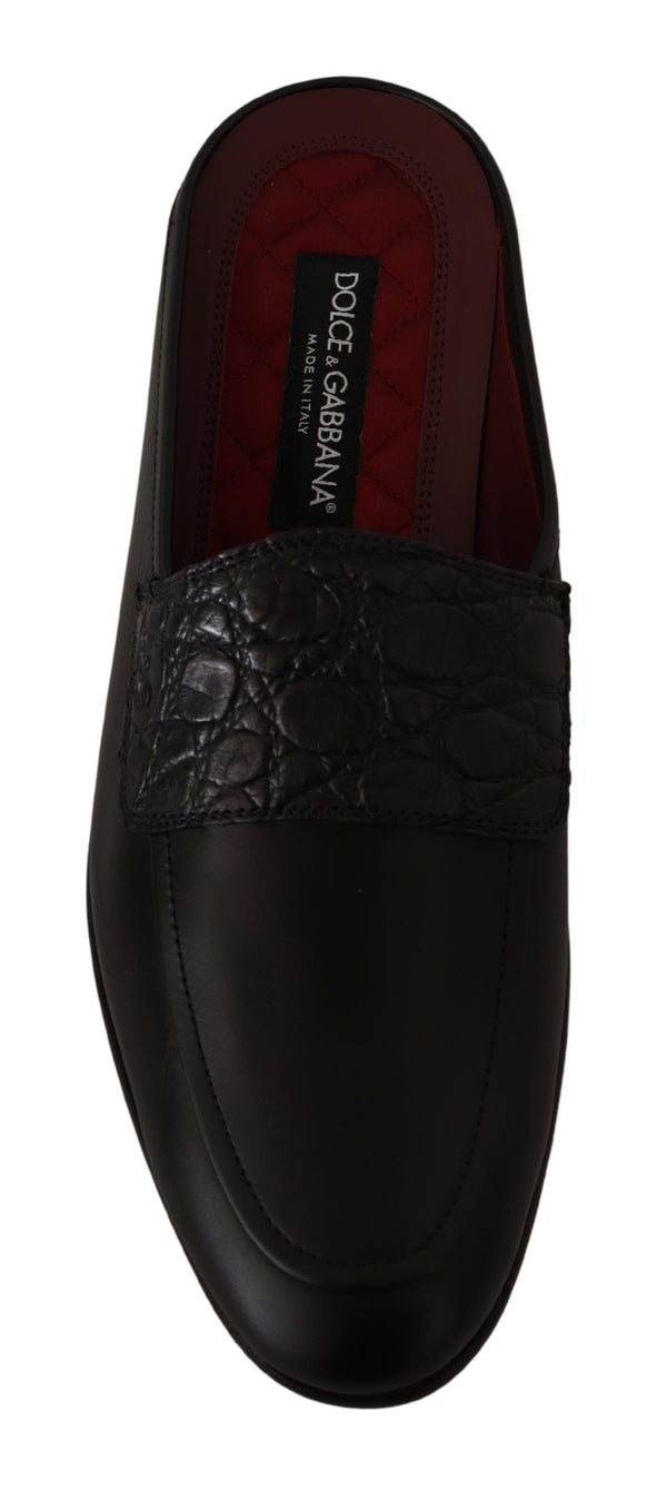 Dolce &amp; Gabbana Black Leather Caiman Sandals Slides Slip Shoes