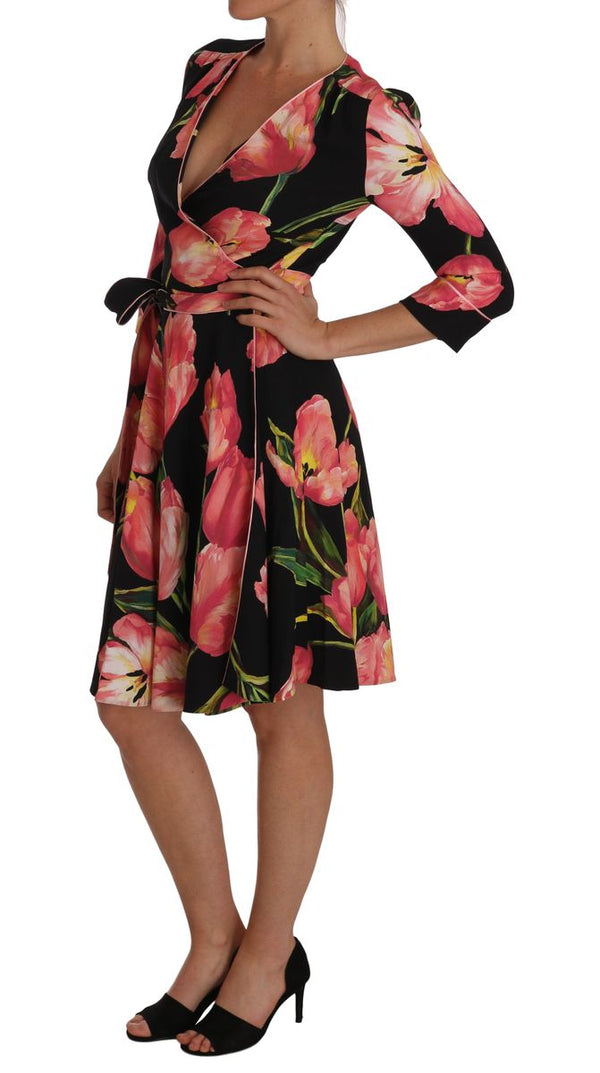 Dolce & Gabbana Elegant Black Shift Dress with Pink Tulips Print