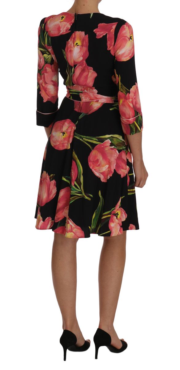 Dolce & Gabbana Elegant Black Shift Dress with Pink Tulips Print