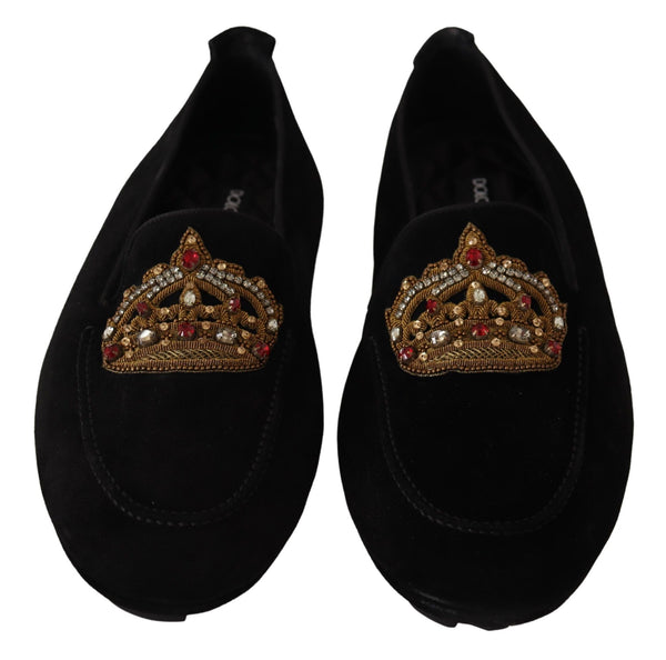 Dolce &amp; Gabbana mustat nahkaiset Crystal Gold Crown Loafers -kengät