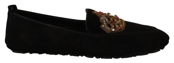 Dolce &amp; Gabbana mustat nahkaiset Crystal Gold Crown Loafers -kengät