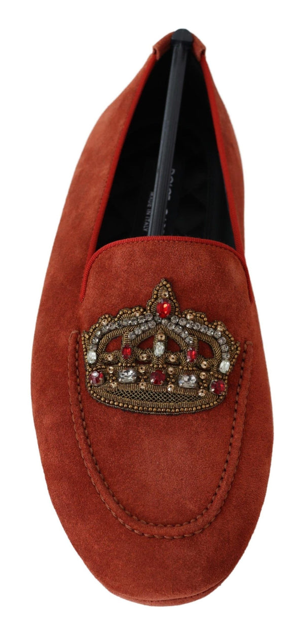Dolce &amp; Gabbana Orange Leather Crystal Crown Loafers -kengät