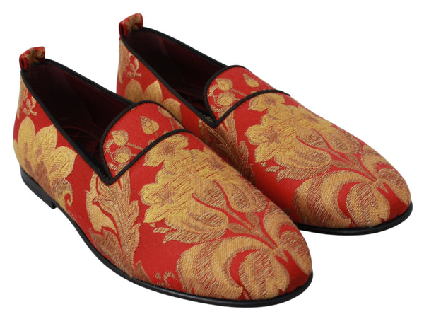 Dolce &amp; Gabbana Red Gold Brocade Tossut Loafers Kengät