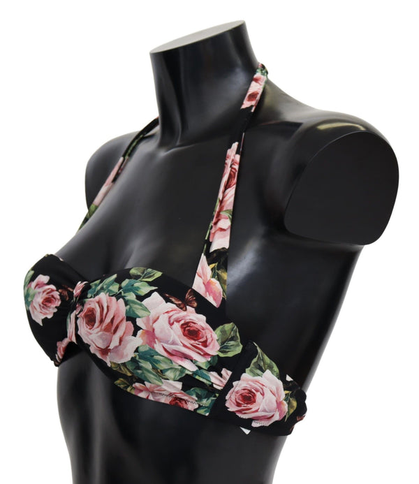 Dolce &amp; Gabbana Black Roses Print Swimsuit Beachwear Bikini Topit