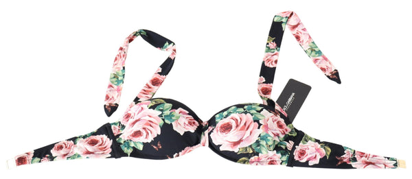 Dolce &amp; Gabbana Black Roses Print Swimsuit Beachwear Bikini Topit