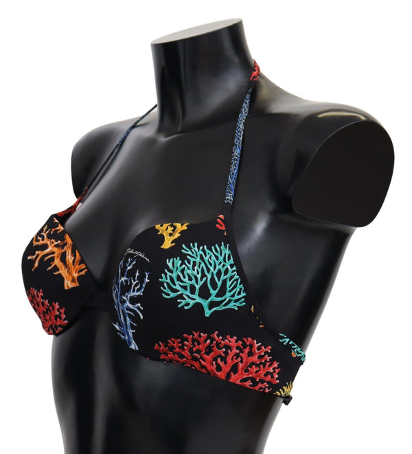 Dolce &amp; Gabbana Black Corals Print Women Beachwear Bikini Topit