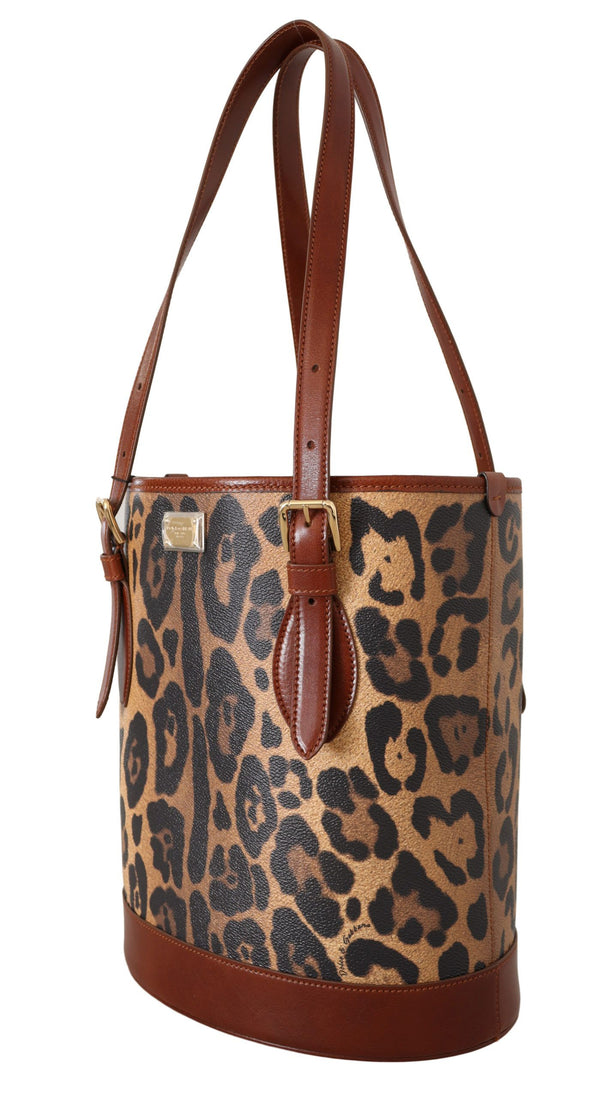 Dolce &amp; Gabbana Brown Leopard Pattern Shopping Tote Hand Bucket Kukkaro