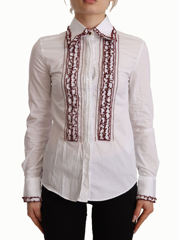 Dolce &amp; Gabbana White Cotton Lace pitkähihainen Ruffle Collar Top-paita