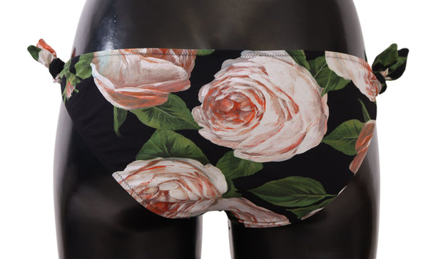 Dolce &amp; Gabbana Black Roses Print Swimsuit Bikini Bottom Swimwear