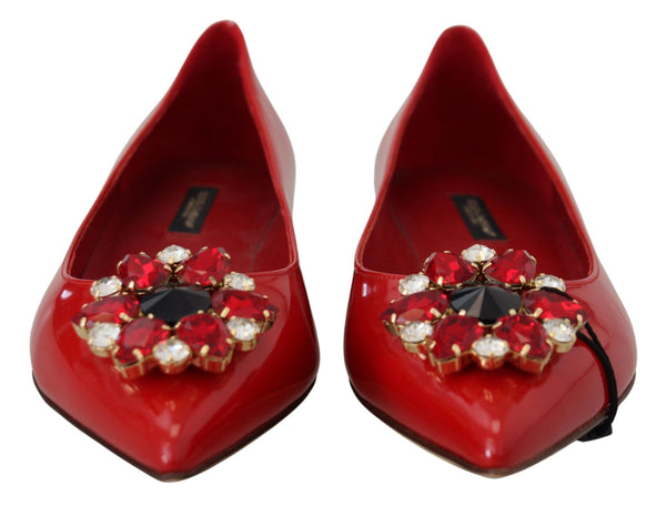 Dolce &amp; Gabbana Red Leather Crystals Loafers Flats Kengät