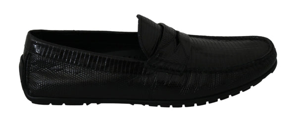 Dolce &amp; Gabbana Black Lizard Leather Flat Loafers -kengät