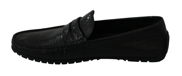 Dolce &amp; Gabbana Black Lizard Leather Flat Loafers -kengät