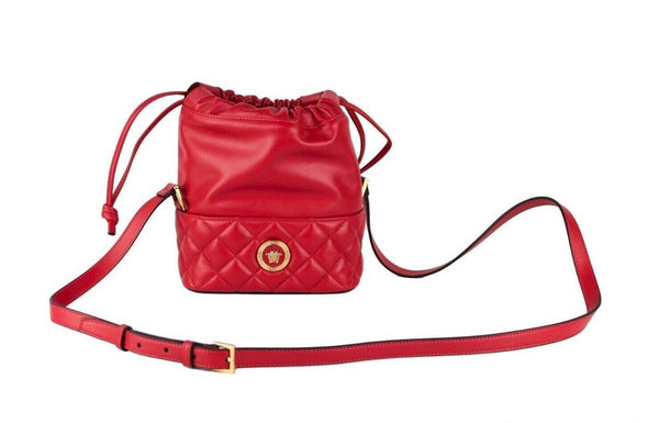 Versace punainen tikattu nahka kiristysnauha olkalaukku Bucket Crossbody käsilaukku