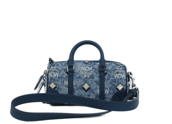 MCM Boston Mini Blue Vintage Jacquard Logo Kangas Satchel Crossbody käsilaukku