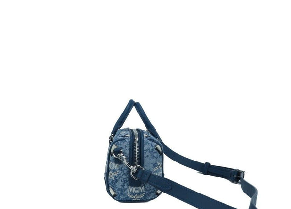 MCM Boston Mini Blue Vintage Jacquard Logo Kangas Satchel Crossbody käsilaukku