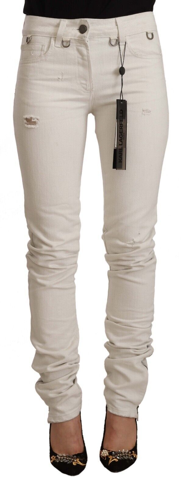 Karl Lagerfeld Valkoiset keskivyötäröiset puuvillaiset farkut Slim Fit -farkut