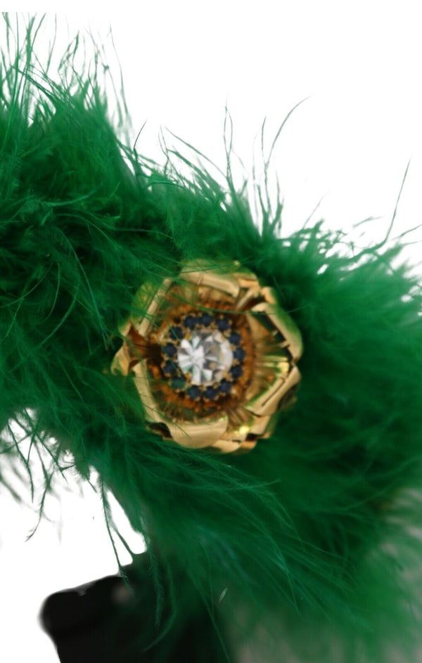 Dolce &amp; Gabbana Green Silk Fur Crystal Flowers Tiara -pääpanta