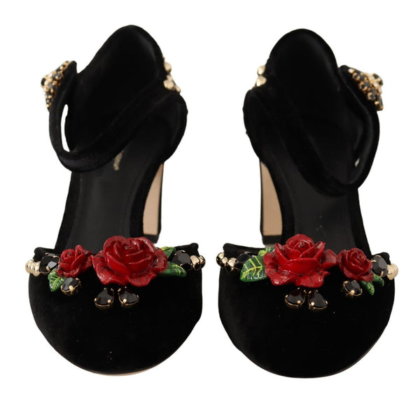 Dolce &amp; Gabbana Black Velvet Roses Ankle Strap Pumps -kengät