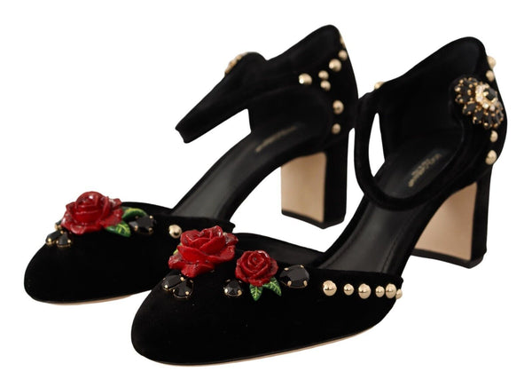 Dolce &amp; Gabbana Black Velvet Roses Ankle Strap Pumps -kengät