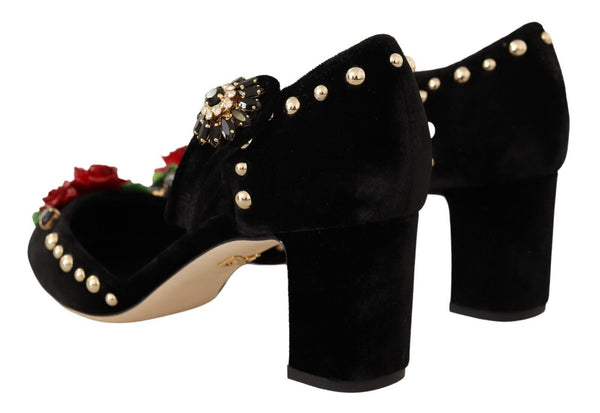 Dolce &amp; Gabbana Black Velvet Roses Ankle Strap Pumps -kengät