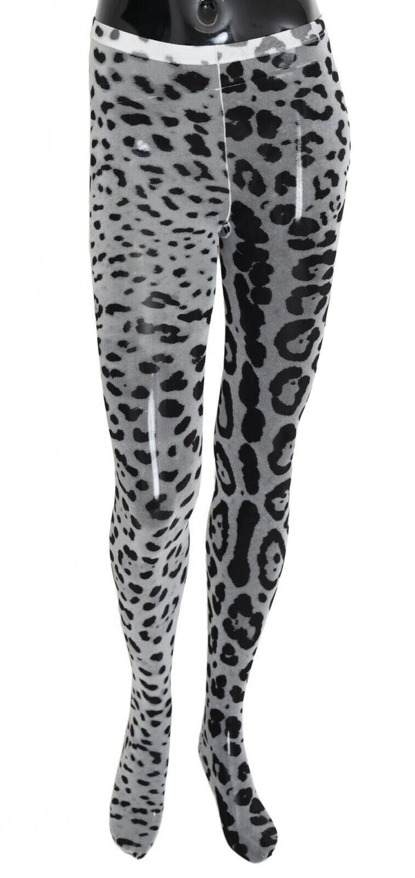 Dolce &amp; Gabbana Grey Leopard Print Mesh Nylon Sukkahousut