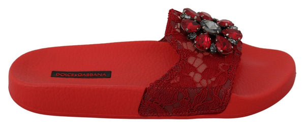 Dolce &amp; Gabbana Red Lace Crystal Sandals Slides Beach Shoes