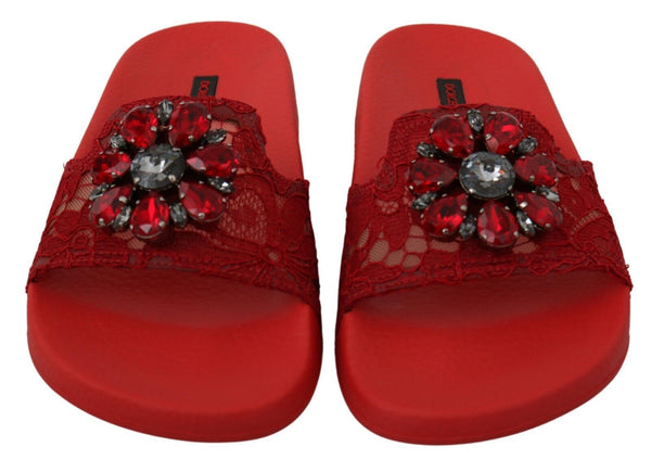 Dolce &amp; Gabbana Red Lace Crystal Sandals Slides Beach Shoes
