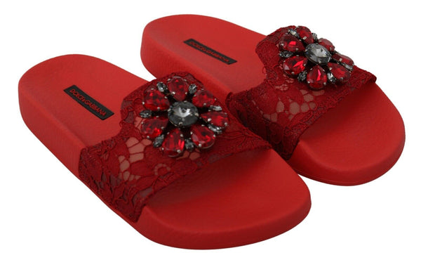 Dolce &amp; Gabbana Red Lace Crystal Sandals Slides Beach Shoes