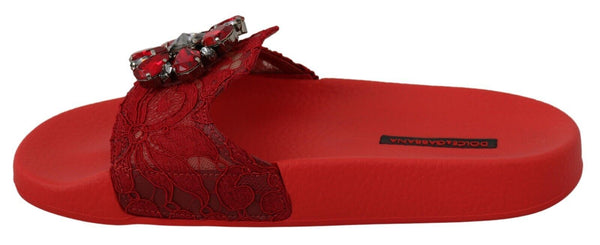 Dolce &amp; Gabbana Red Lace Crystal Sandals Slides Beach Shoes