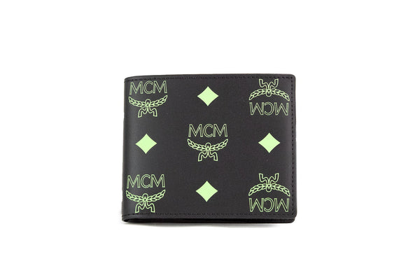 MCM Pieni Musta Kesä Vihreä Sileä Visetos Monogram Logo Nahkainen Bifold lompakko
